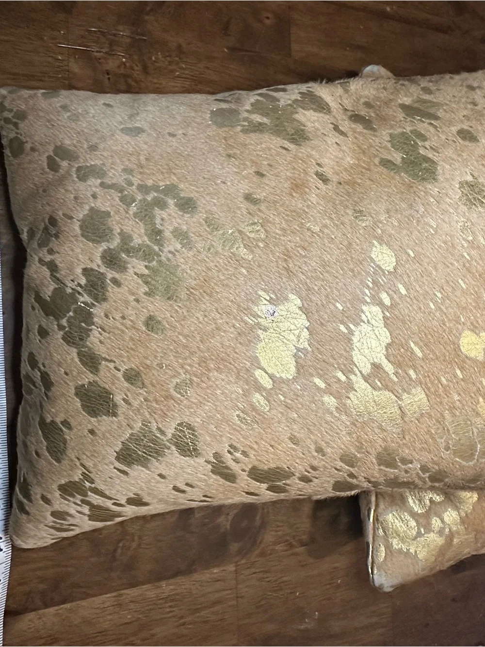 Williams Sonoma Tan and Gold Accent Throw Pillow 100 leather calf hair